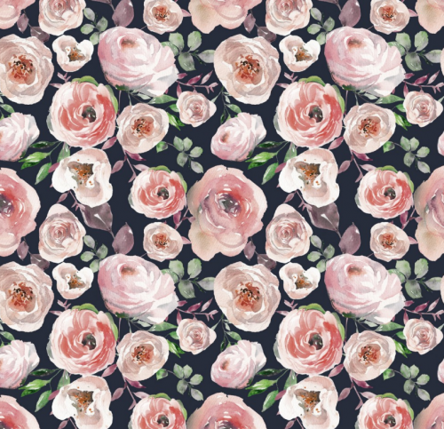 Image de Fleurs Rose sur fond marine - Jersey imprim&eacute; biologique (GOTS)