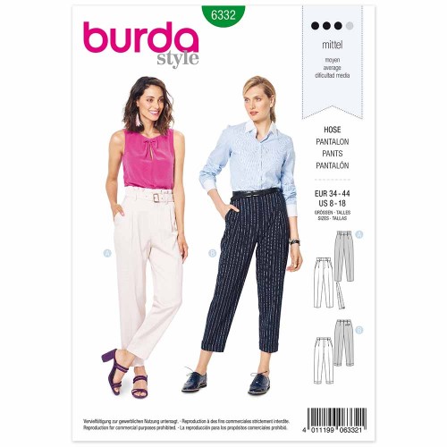 Image de BURDA - 6332 Pantalon taille haute à plis permanents - revers