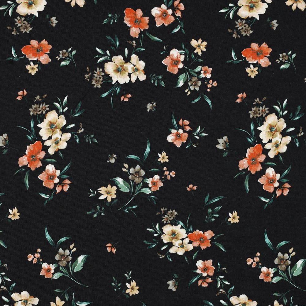 Image de Coton Ouat&eacute; Fleurs sur fond noir OEKO-TEX