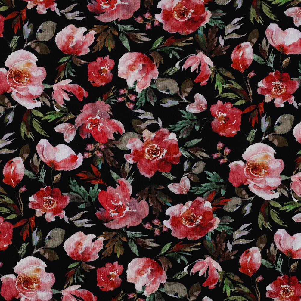 Image de Fleurs aquarelle noir - Jersey imprim&eacute;