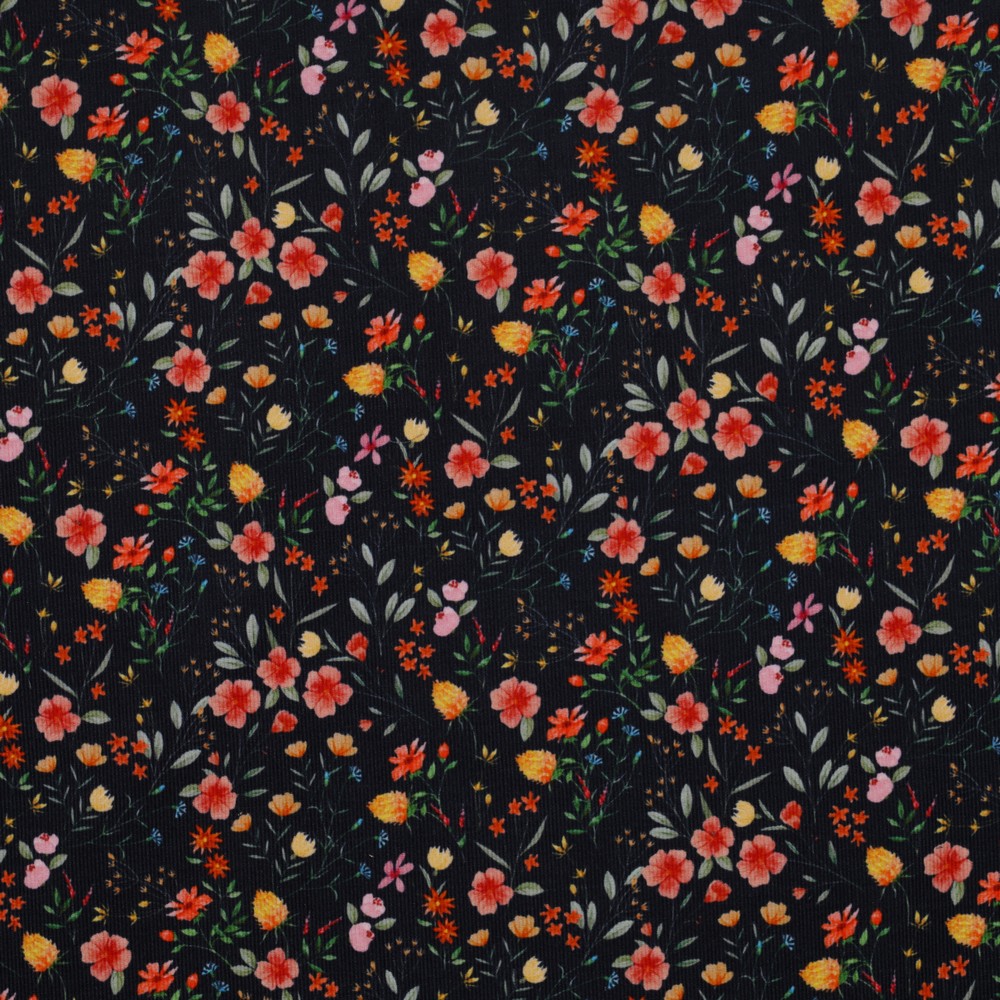 Image de Micro Corduroy Fleurs fond noir 1/2 m