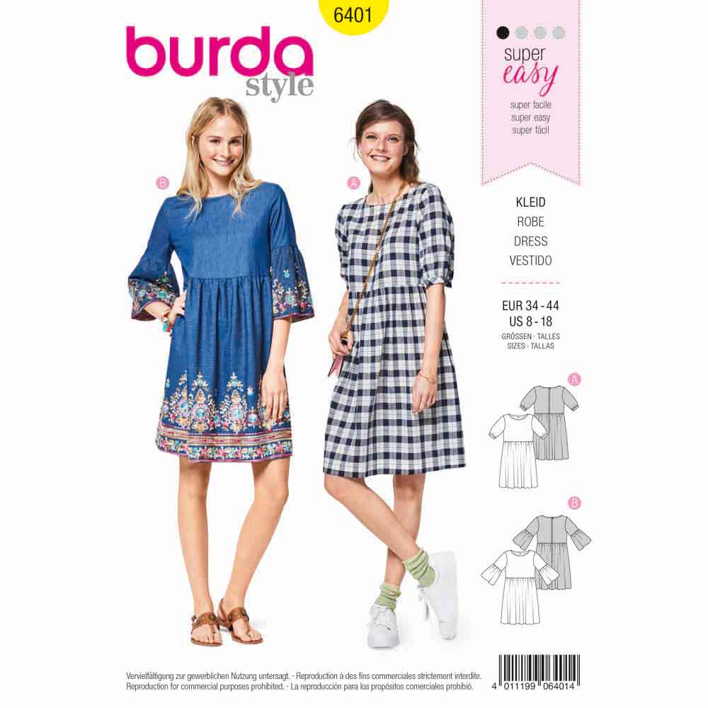 Image de BURDA - 6401 Robe juvénile - jupe froncée - manches amples