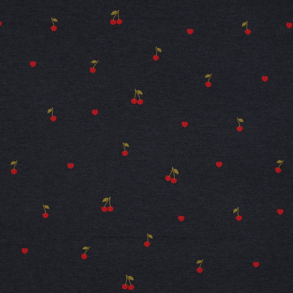 Image de Jersey m&eacute;lang&eacute; - Cerises fond indigo 1/2m