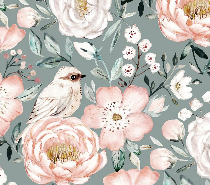 Image de Pivoines rose sur fond vert r&eacute;tro - Coton Gabardine 1/2 m